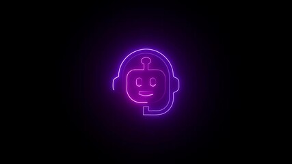 Wall Mural - AI Assistant Icon with Violet Neon Edge Over Obsidian Base. Retro Wave Chatbot in Neon on Dark Grid. Mystic Neon AI Icon on Starless Night Background.
