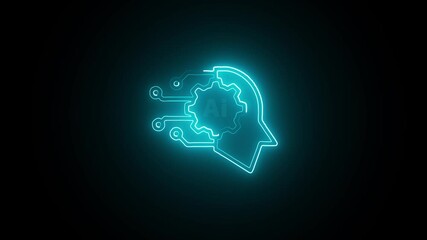 Wall Mural - Neon Sky Blue Deep Learning Symbol on Shadowed Surface. Bright Sky Blue Neural Pathway Icon in Neon Light on Dark. Abstract Sky Blue Machine Learning Logo on Deep Space Theme.