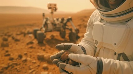 Wall Mural - explorer in white spacesuit examining rock samples on rocky terrain with rover in background. smilin