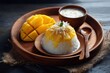 © Muhammad Hammad Zia - Authentic mango sticky rice dessert featuring glutinous rice, fresh yellow mango slices, and creamy coconut milk served in clay plate on dark surface background, a classic sweet treat in thai cuisine