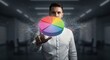 © OfficeFocus - Data insight. Businessman interact with digital pie chart showing analytics, business metric, performance segmentation, growth analysis and insight overview