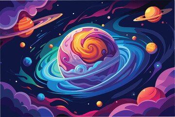colorful vector illustration depicting a swirling galaxy with vibrant planets and cosmic elements in