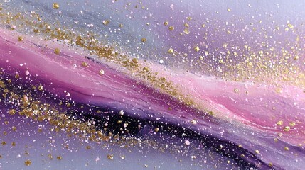 Wall Mural -   A detailed portrait of an artwork featuring shimmering gold accents against a vivid background of purple and pink tones, with subtle white highlights