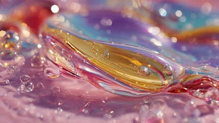 Wall Mural -   A close-up of a yellow and purple object on a pink and blue surface with water droplets on it