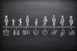 © zakiroff - Illustration depicting human development stages from childhood to adulthood, featuring various figures and symbols representing life events, health, and personal growth on a chalkboard background