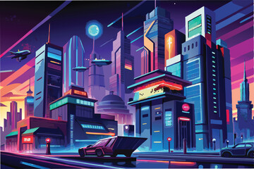 Poster - Futuristic cityscape with neon lights and flying vehicles in a vibrant urban environment during sunset