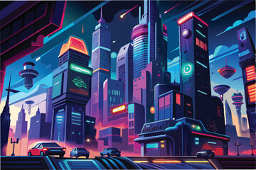 Poster - Futuristic cityscape with neon lights and flying vehicles in a vibrant urban environment during sunset