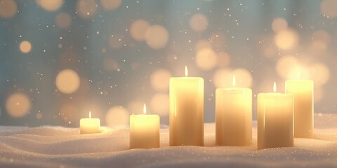 Wall Mural - Lit candles glowing warmly in snowy landscape with soft white snowflake bokeh in the evening.
