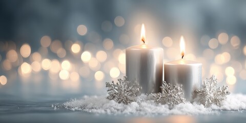 Wall Mural - Lit candles glowing warmly amid falling snowflakes in a serene snowy outdoor setting at dusk.