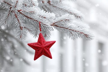 Wall Mural - Red star ornament hanging from snow-covered tree branch in winter, bright festive decoration outdoors.
