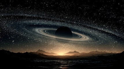 Wall Mural - black-and-white image of star-filled sky over mountains and water