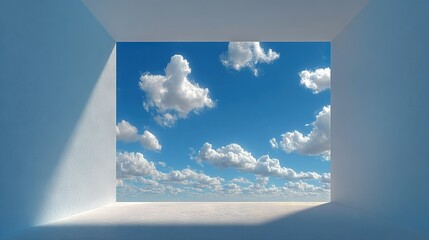 Wall Mural - an empty room with a blue sky and white clouds viewed from a square window is a room with a blue sky