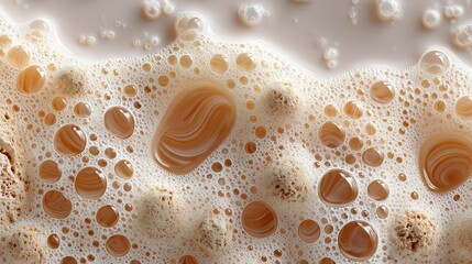 Wall Mural -   Close-up of a liquid mixture on a white surface with bubbles on the top and bottom