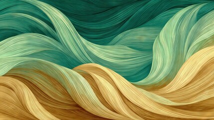 Wall Mural - a tri-colored wave of green, yellow, and brown hair against a lush green backdrop, framed by a cloud