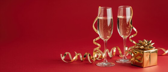 Wall Mural - Two champagne glasses with gold ribbons and a wrapped gift box on a vibrant red background.