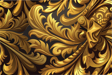 Poster - Intricate golden floral pattern designed with elegant swirls and details suitable for wallpaper or textile use, capturing luxury and sophistication in a vintage style