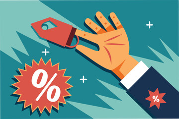 Aufkleber - Creative vector illustration of a hand holding a price tag indicating discount offers with vibrant colors and dynamic shapes