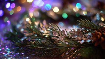 Sticker - Close-up of a snow-covered pine branch with green needles against a blurred winter background.