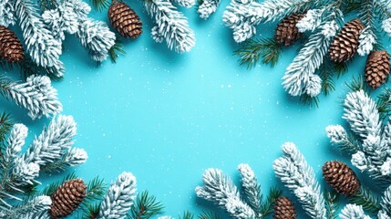 Wall Mural - Close-up of snow-covered pine tree branches with green needles and white snow in winter daylight.