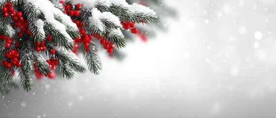 Wall Mural - Snow-covered branches with vibrant red berries and gentle snowflakes falling in a winter landscape.