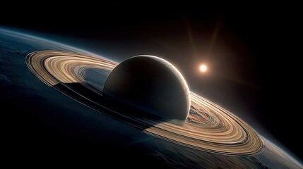 Wall Mural - an artistically rendered saturn with its rings spinning in front of the planet's moon and the sun in