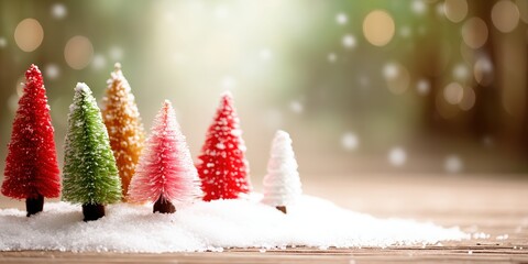 Wall Mural - Small evergreen trees covered in snow on a white winter landscape during daytime.