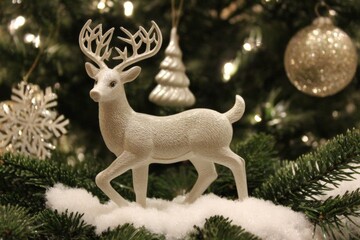 Wall Mural - White deer figurine perched on a snow-covered tree branch with soft winter lighting.