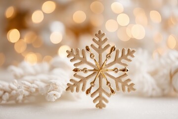 Sticker - Close-up of a delicate snowflake resting on a wooden table with soft natural light.