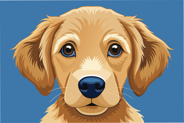 Poster - Detailed vector illustration of a golden retriever puppy showcasing its expressive eyes and soft fur against a solid blue background, emphasizing the joy and innocence of youth