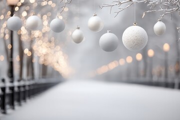 Wall Mural - White Christmas balls hanging on a green tree with soft lighting, festive holiday decoration detail.