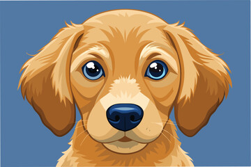 Poster - Detailed vector illustration of a golden retriever puppy showcasing its expressive eyes and soft fur against a solid blue background, emphasizing the joy and innocence of youth