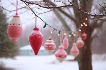 Wall Mural - Snow-covered tree adorned with colorful hanging ornaments in a bright winter daytime setting.