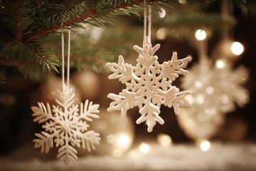 Wall Mural - White snowflake ornaments hanging on a tree with warm bokeh lights in the evening background.