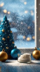 Wall Mural - Snow-covered wooden table with a spoon beside a decorated Christmas tree in a bright winter setting.