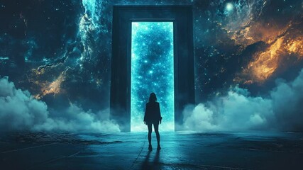 Canvas Print - cosmic gateway: a woman stands before a celestial door