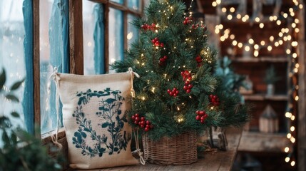 Wall Mural - Christmas tree decorated with lights next to a cozy pillow on a white window sill during daytime.