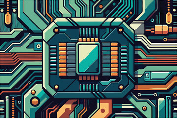 Aufkleber - Colorful vector illustration of a detailed circuit board featuring a central processing unit and interconnected electronic components