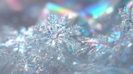 Wall Mural - Close-up of a delicate snowflake resting on a tree branch with a blurred winter background.