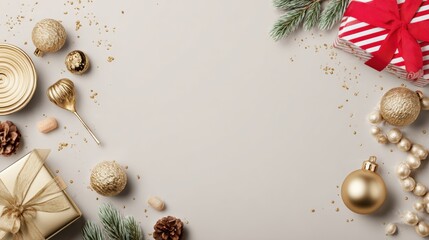 Wall Mural - festive christmas decorations and wrapped gifts arranged on a white background with ample copy space