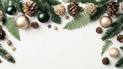 Wall Mural - Festive Christmas decorations with pine cones and fir branches on a clean white background.