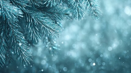 Wall Mural - Close-up of snow-covered pine tree branch with green needles against a blurred winter background.