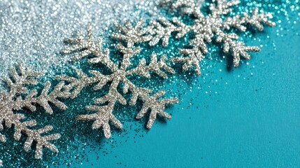 Sticker - Close-up of delicate white and silver snowflakes on a vibrant blue textured surface, winter theme.