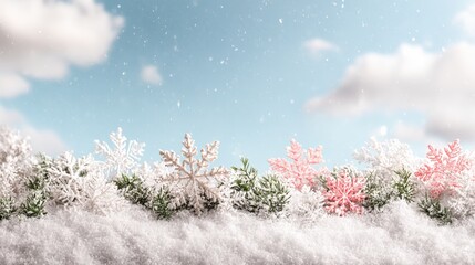 Wall Mural - Snow-covered trees with falling snowflakes in a serene winter landscape during daytime.