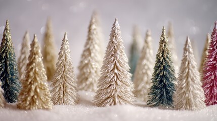 Wall Mural - Small evergreen trees covered in fresh snow in a winter forest landscape during daytime.
