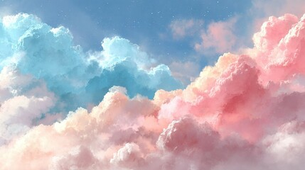 Wall Mural -   A stunning depiction of pink and blue clouds set against a blue backdrop, featuring a radiant shooting star in the heart of the sky