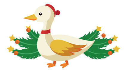 Poster - Festive vector illustration of a cheerful duck adorned with a red hat and surrounded by holiday greenery and ornaments, perfect for seasonal themes and decorations