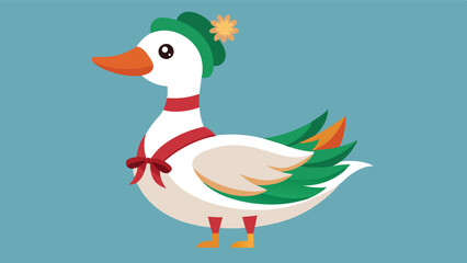 Poster - Festive vector illustration of a cheerful duck adorned with a red hat and surrounded by holiday greenery and ornaments, perfect for seasonal themes and decorations