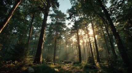 Wall Mural -   Forest of tall trees; sun shines; green leaves; trail in foreground