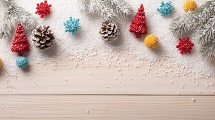 Wall Mural - Pine cones and delicate snowflakes arranged on a white table, showcasing a winter holiday theme.