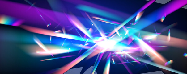 Fototapete - Cool abstract blue holographic background of diagonal stripes in places with blur. PNG Crystal light leak effect for photo overlay. Ethereal Lens rainbow light streak transparent effect.	